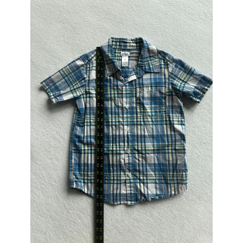 Carter's Plaid Button Down Shirt Kids Boys Size 7 Blue Green Short Sleeve Cotton